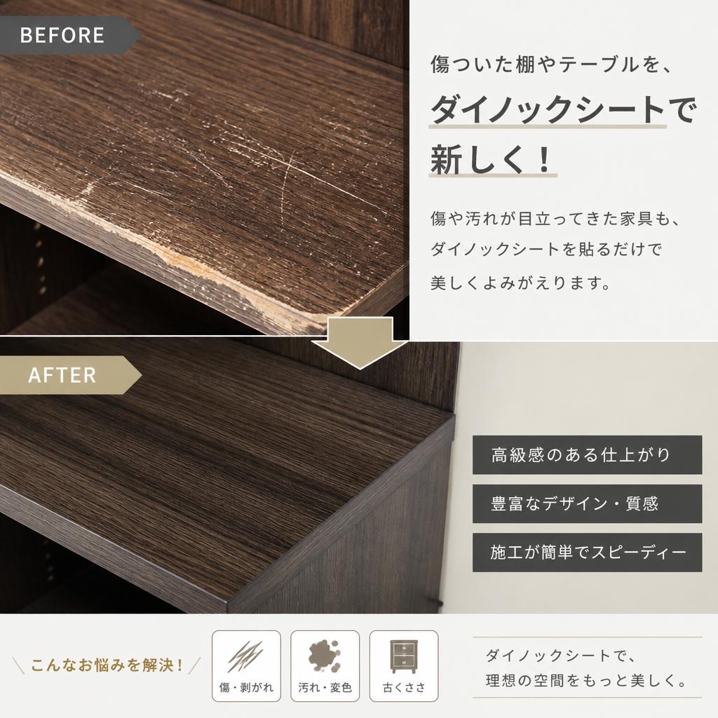 傷ついた棚やテーブルを、ダイノックシートで新しく！