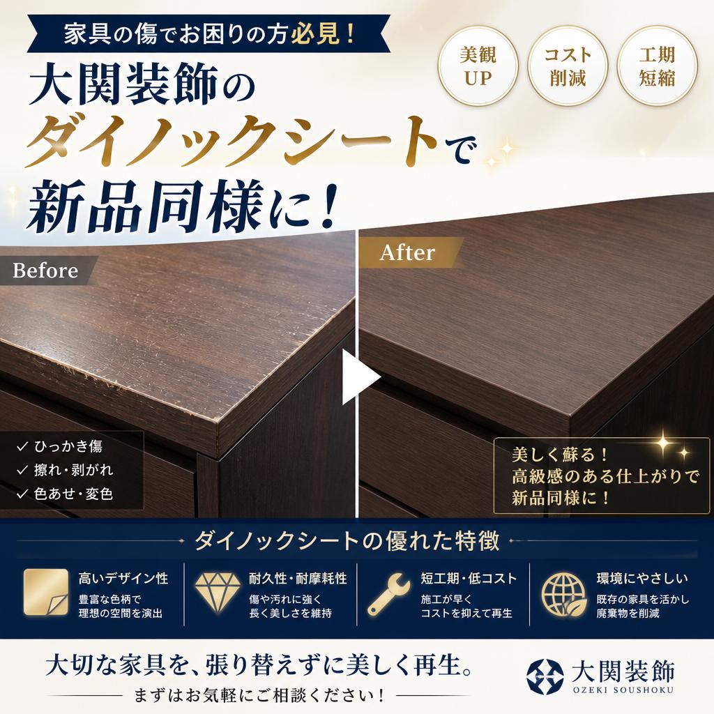 家具の傷でお困りの方必見！大関装飾のダイノックシートで新品同様に！